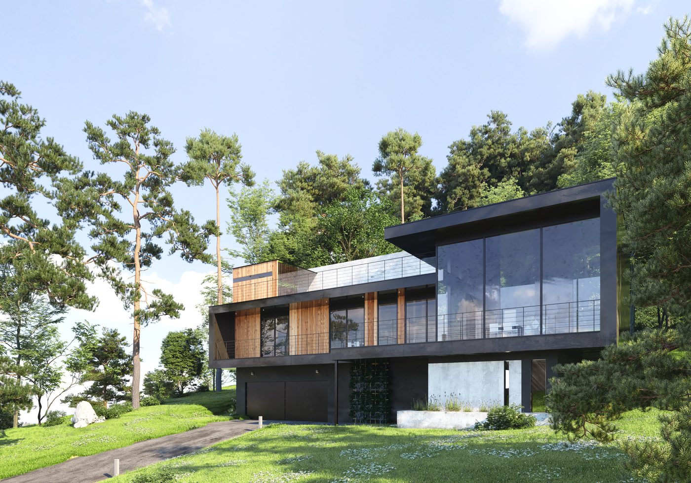 Hus med modern arkitektur och stora aluminiumfönster